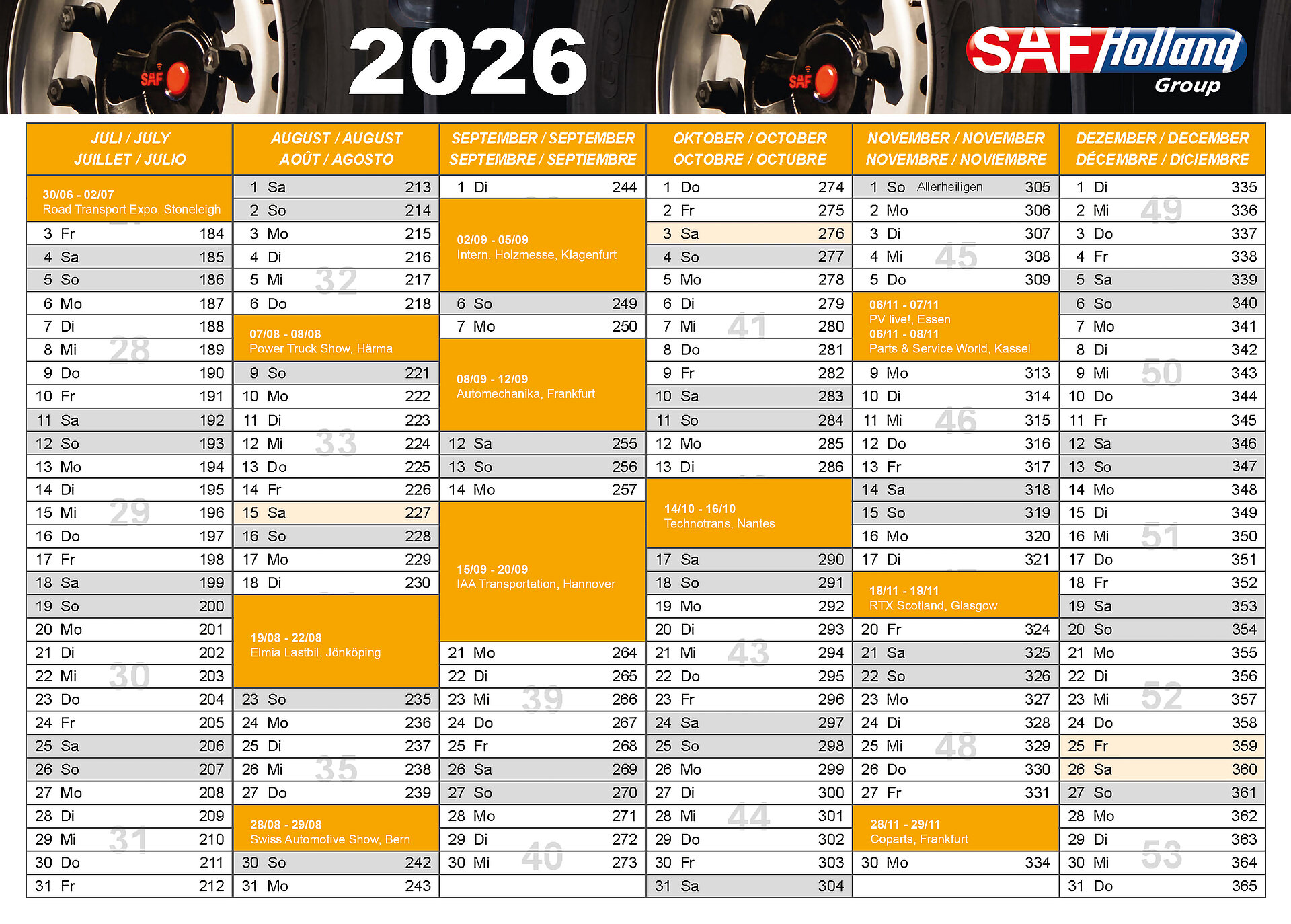 SAF-HOLLAND 2026 calendar with event dates and brand logo displayed.
