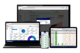 Computer and mobile screens displaying Axscond portal with asset management data.