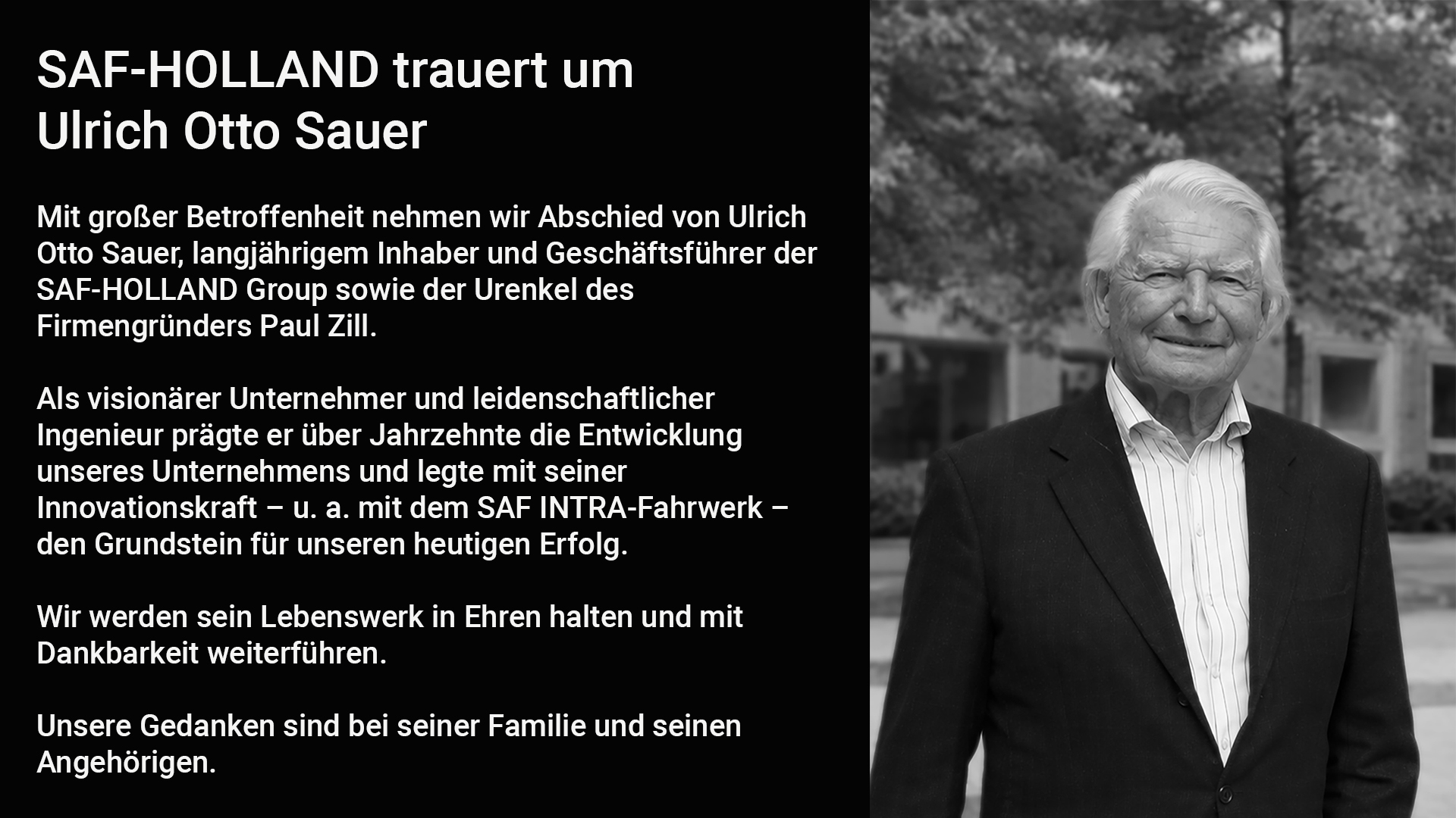 Gedächtnisbild für Ulrich Otto Sauer, ehemaligen Inhaber und CEO der SAF-HOLLAND Gruppe, zu Ehren seiner Verdienste.