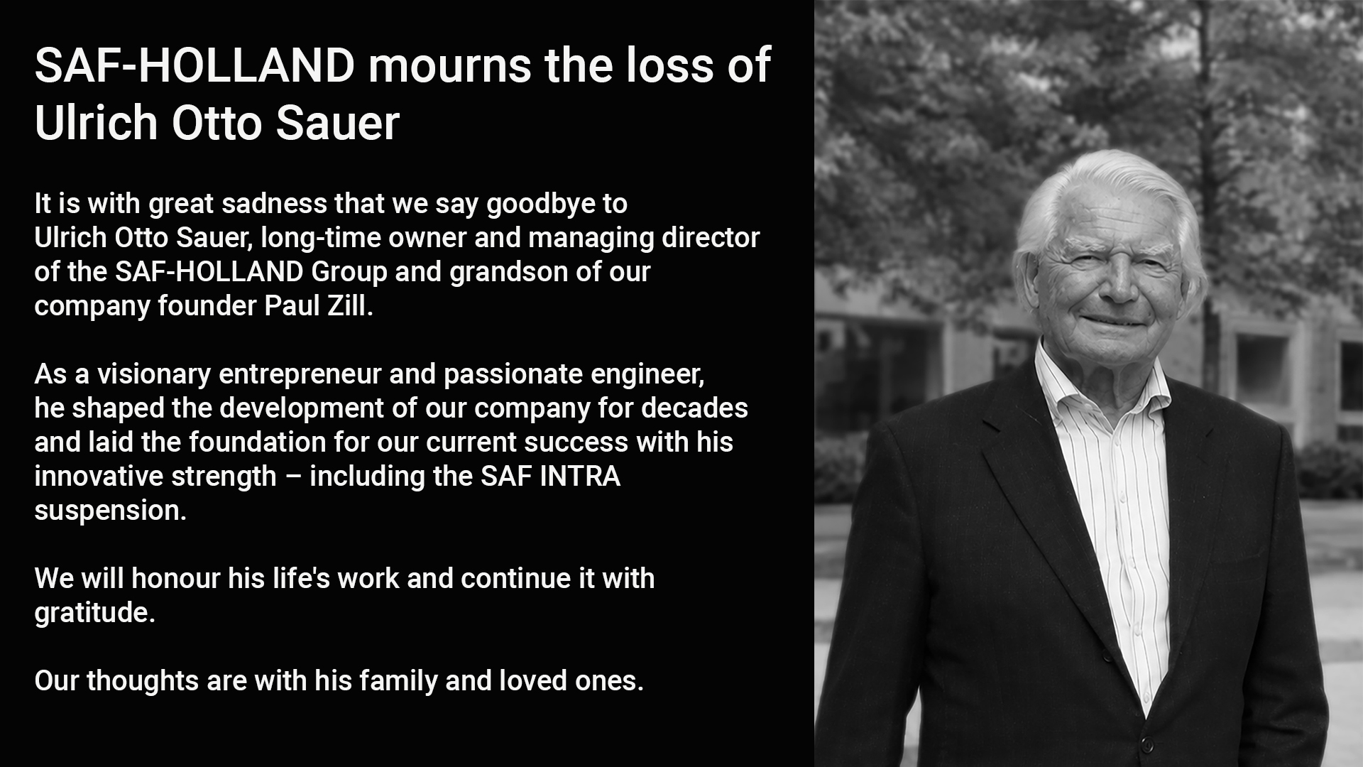 Memorial message for Ulrich Otto Sauer from SAF-HOLLAND, noting his contribution to the company.