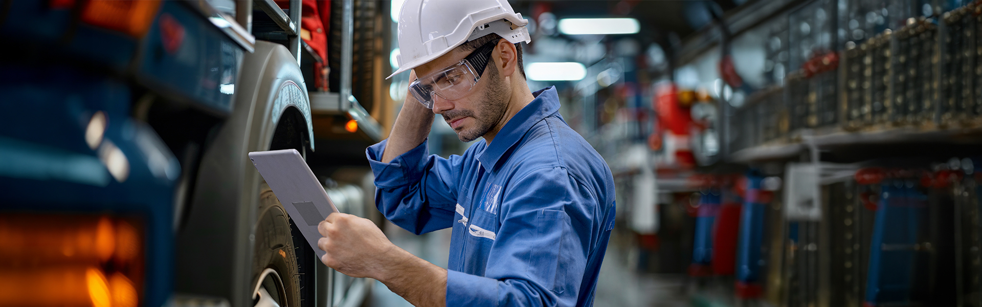 Ein Arbeiter inspiziert einen Lastwagen in einer Fabrikumgebung und hält dabei ein Tablet.