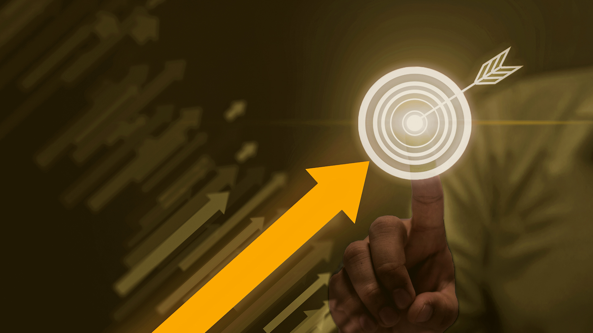 Person touching a digital target icon with upward arrows, symbolizing growth.