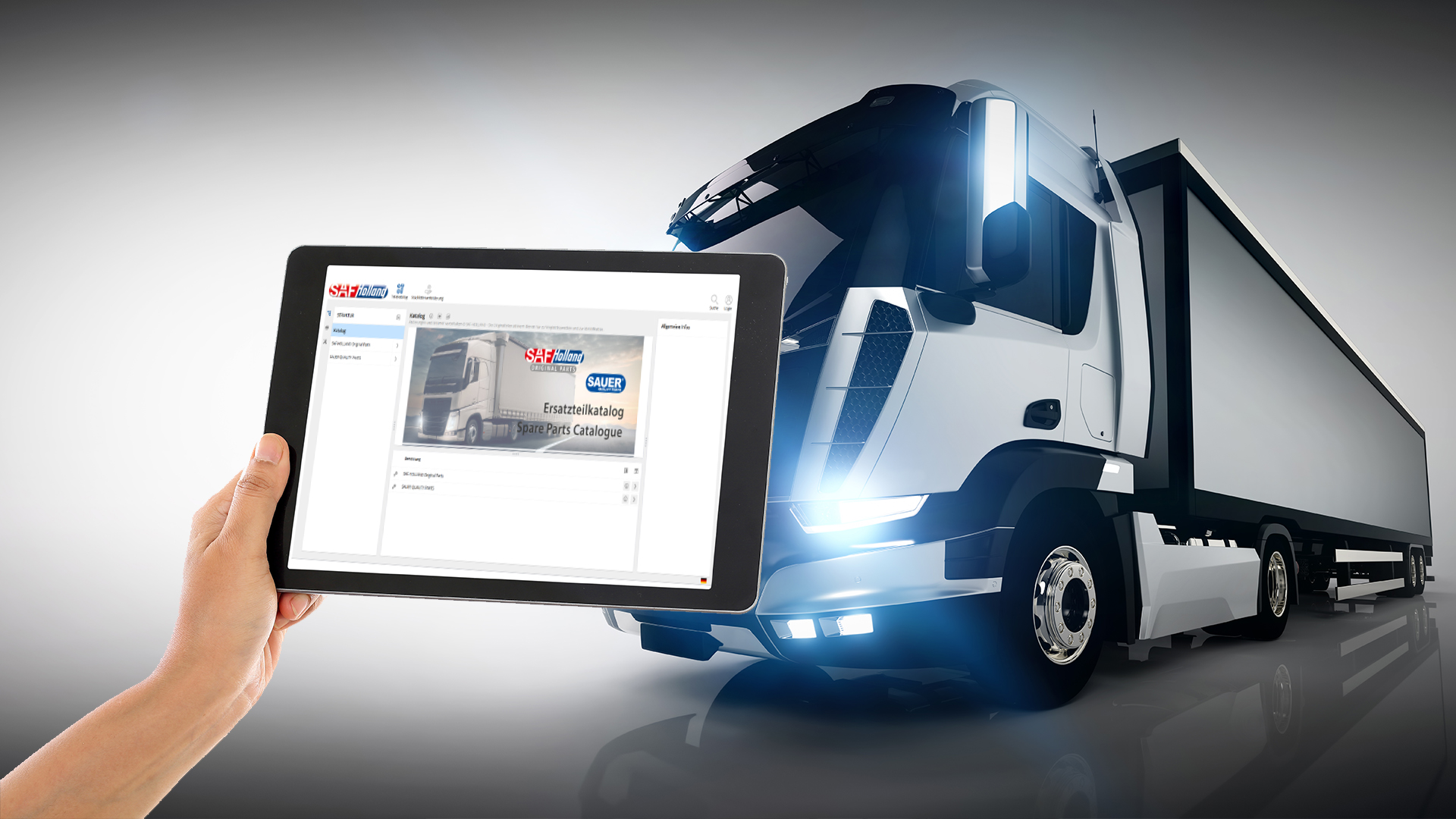 Hand holding tablet showing SAF-HOLLAND spare parts catalog, with a truck in the background.
