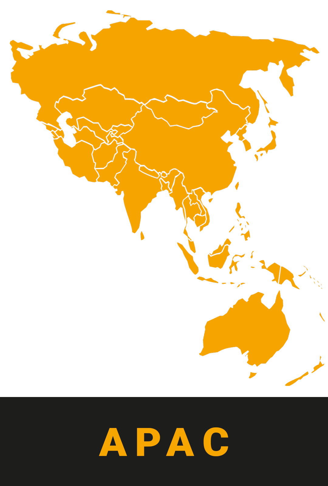 Bild einer APAC-Regionenkarte in Orange auf schwarzem Hintergrund, beschriftet mit "APAC."