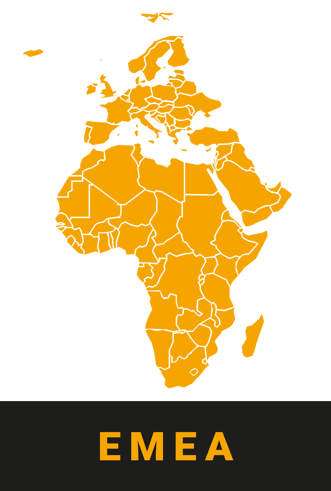 Gelbe Kartensilhouette von Europa, dem Nahen Osten und Afrika mit der Aufschrift "EMEA" auf schwarzem Hintergrund.