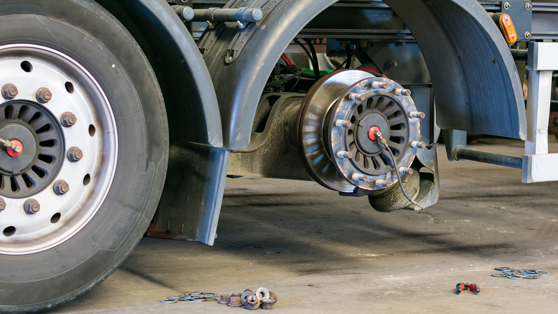 trailer wheels in a workshop