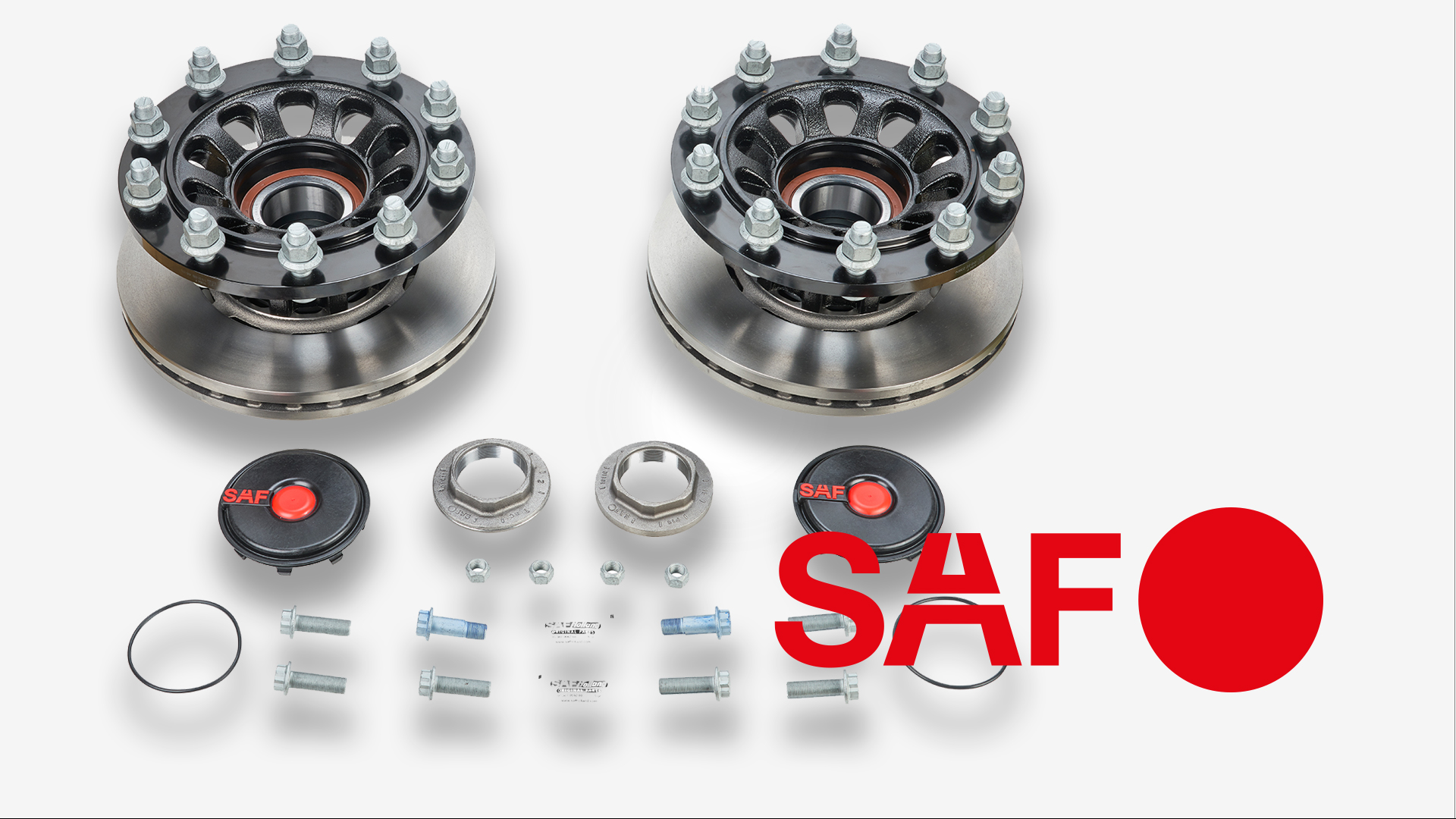 SAF components including hubs, bolts, caps, and the SAF logo displayed on a white background.
