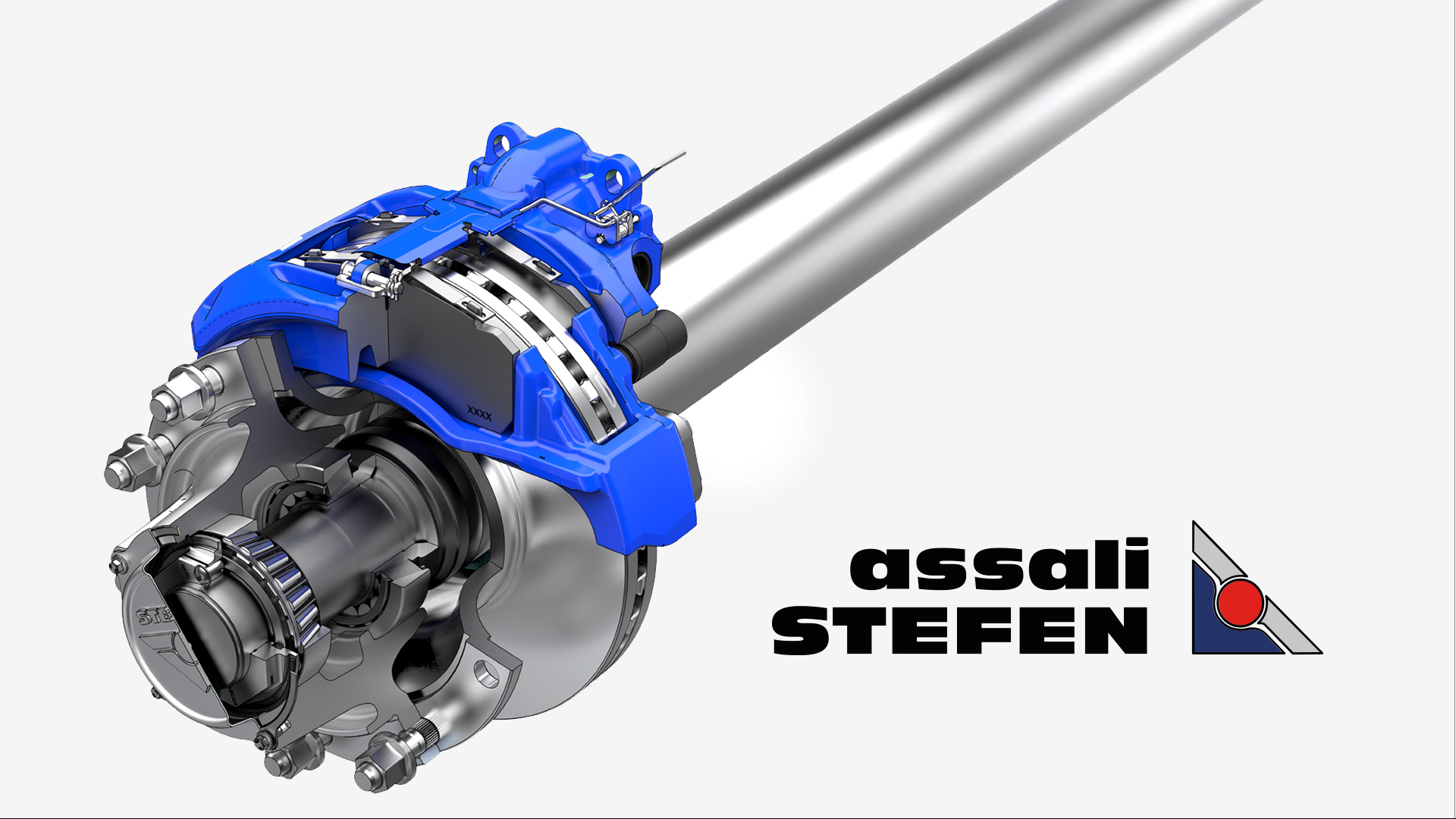 Image of a truck axle with brake assembly, branded Assali Stefen.