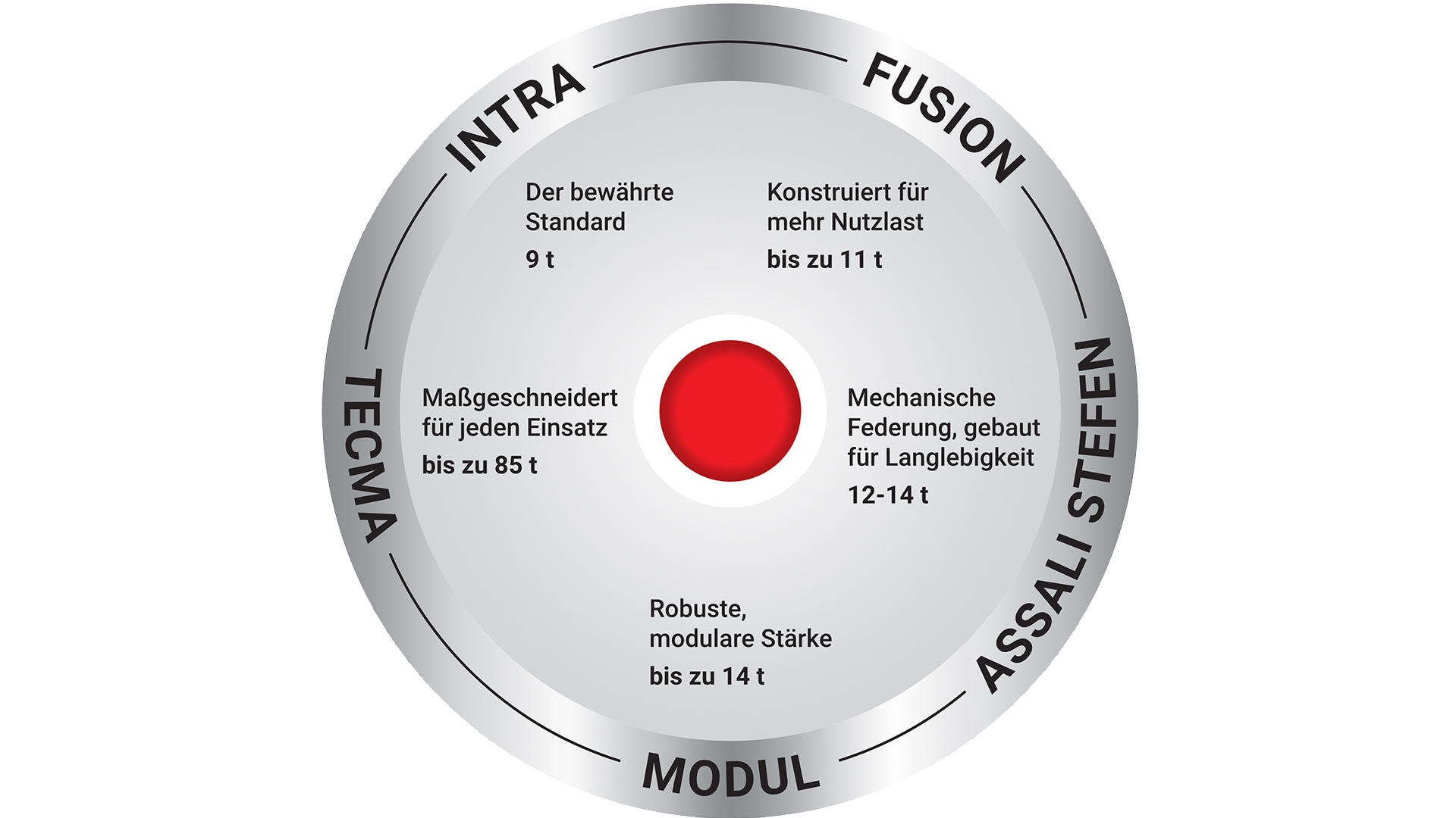 Infographic displaying load capacities and specifications for SAF components, with brands INTRA, FUSION, TECMA, ASSALI STEFEN.