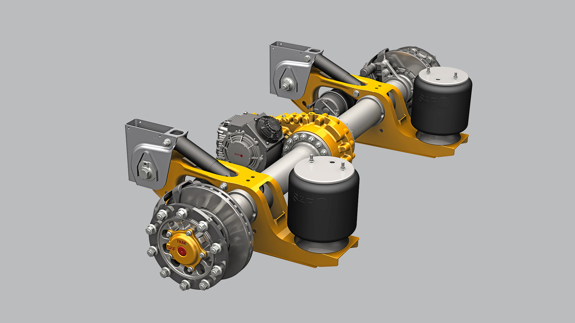 Electric truck axle from SAF in silver, black and orange