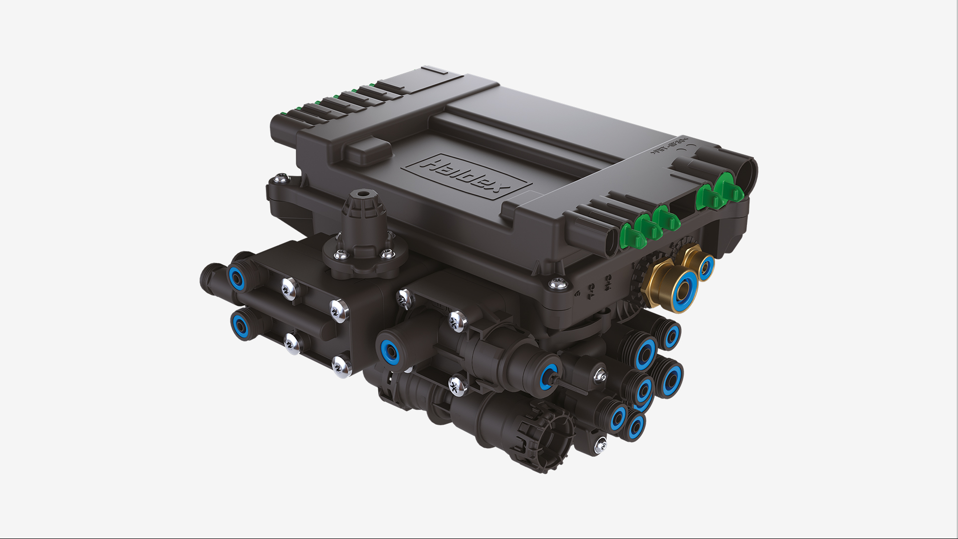 Black Haldex brake control module with connectors and fittings, part of the SAF-HOLLAND product range.