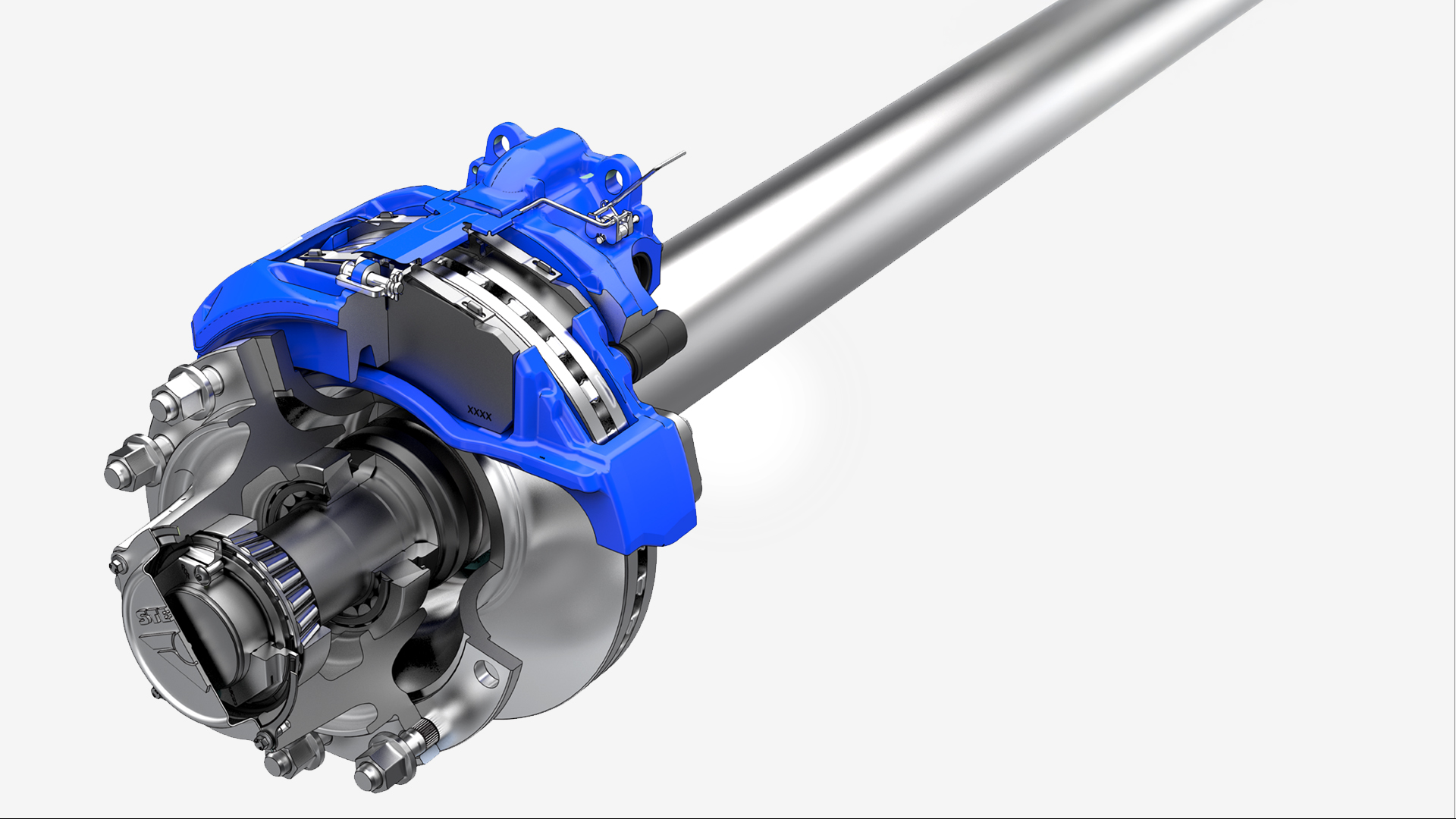 Assali Stefen truck axle with blue suspension and braking components.