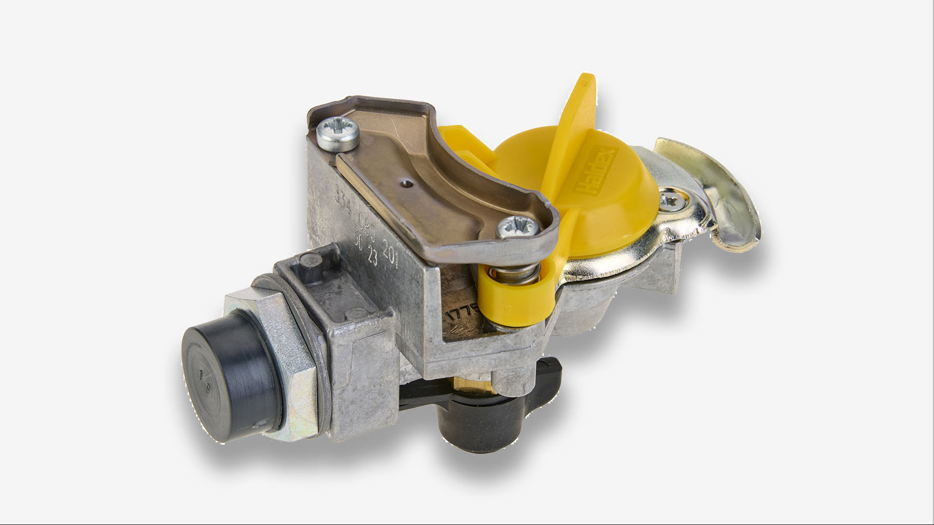 Trailer and truck coupling component with yellow cap by Haldex.