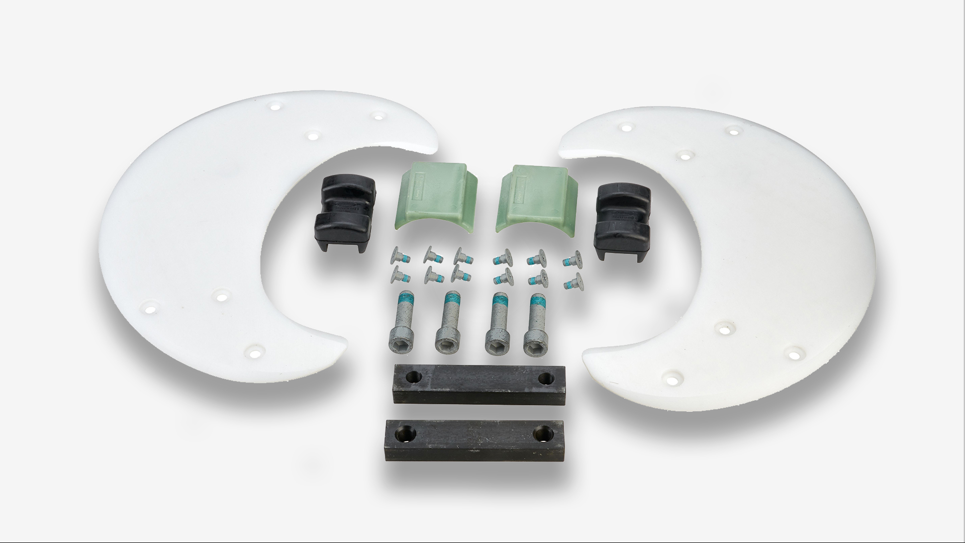 Holland fifth wheel components, including bolts, spacers, and suspension parts, laid out on a white background.