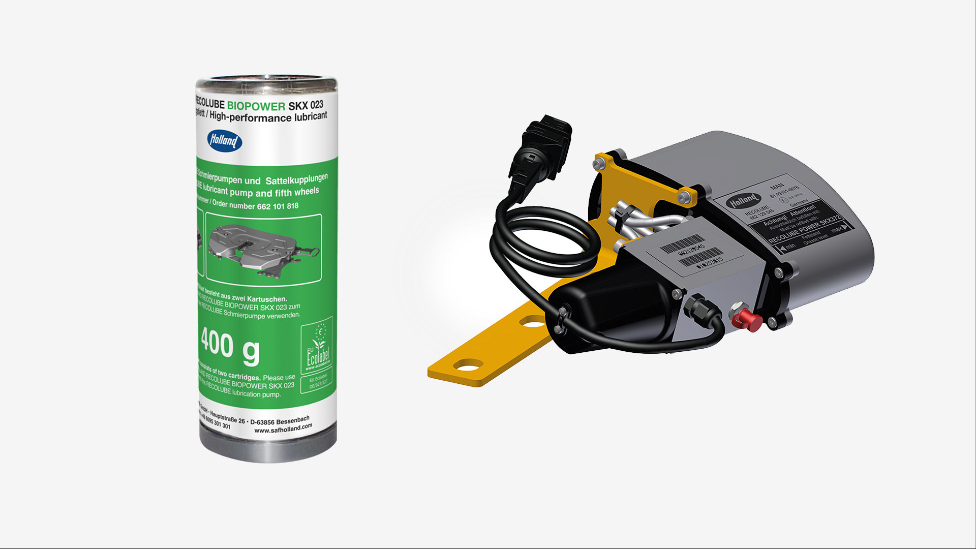 SAF-HOLLAND lubricant container and mechanical component with wiring, used for chassis-related systems.
