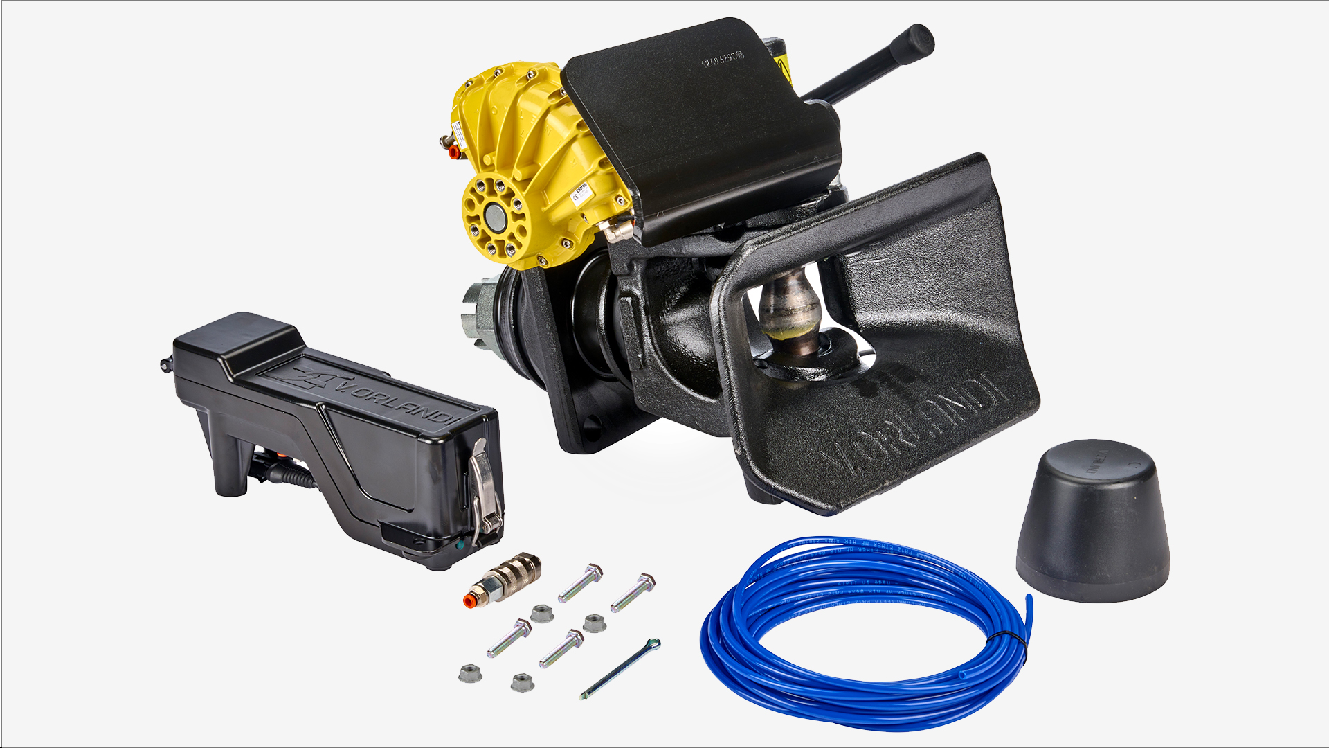 V.ORLANDI trailer coupling system with components, connectors, and blue cable displayed.