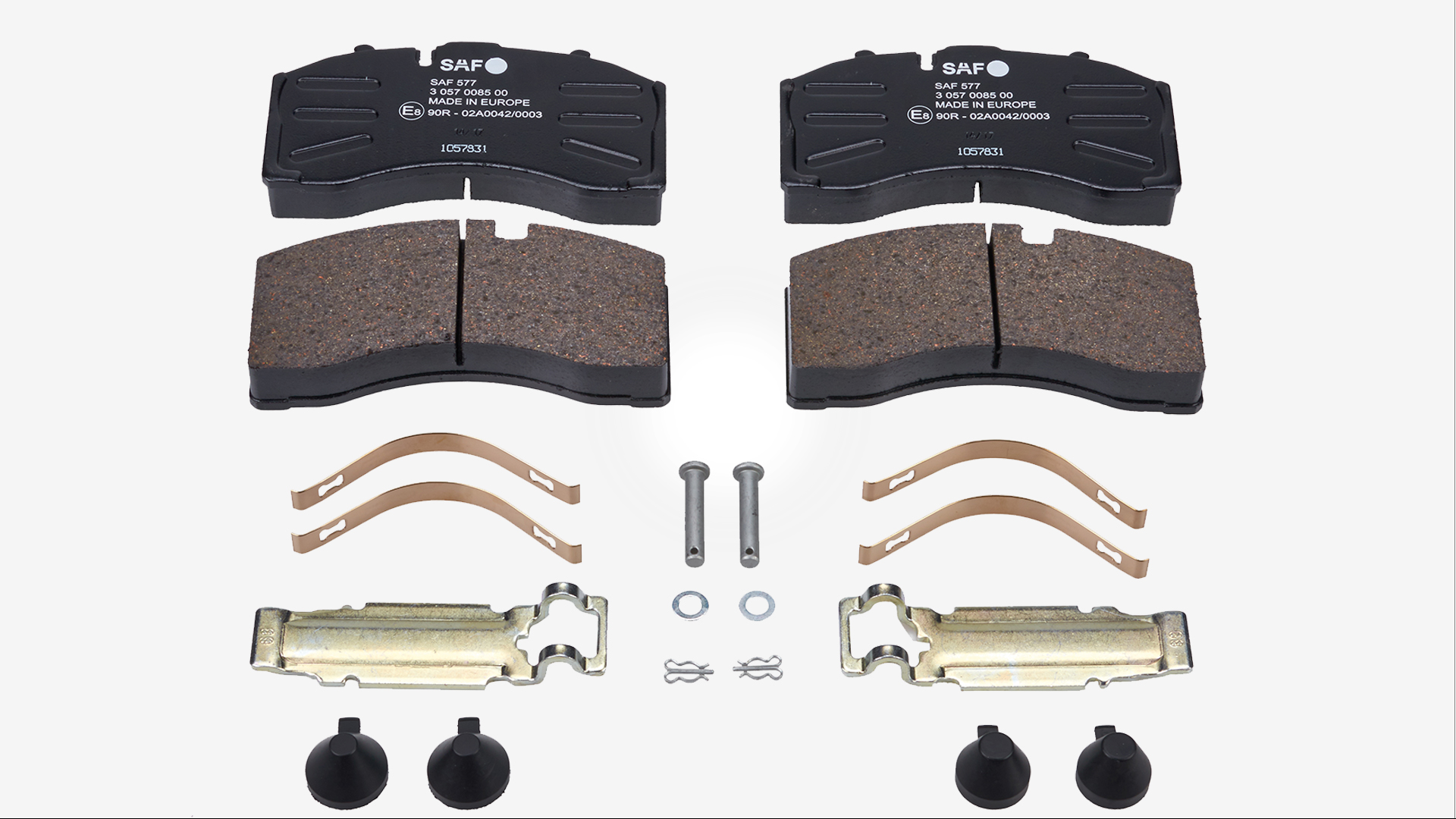 SAF brake pad set with components: brake pads, clips, pins, and hardware arranged on a white background.