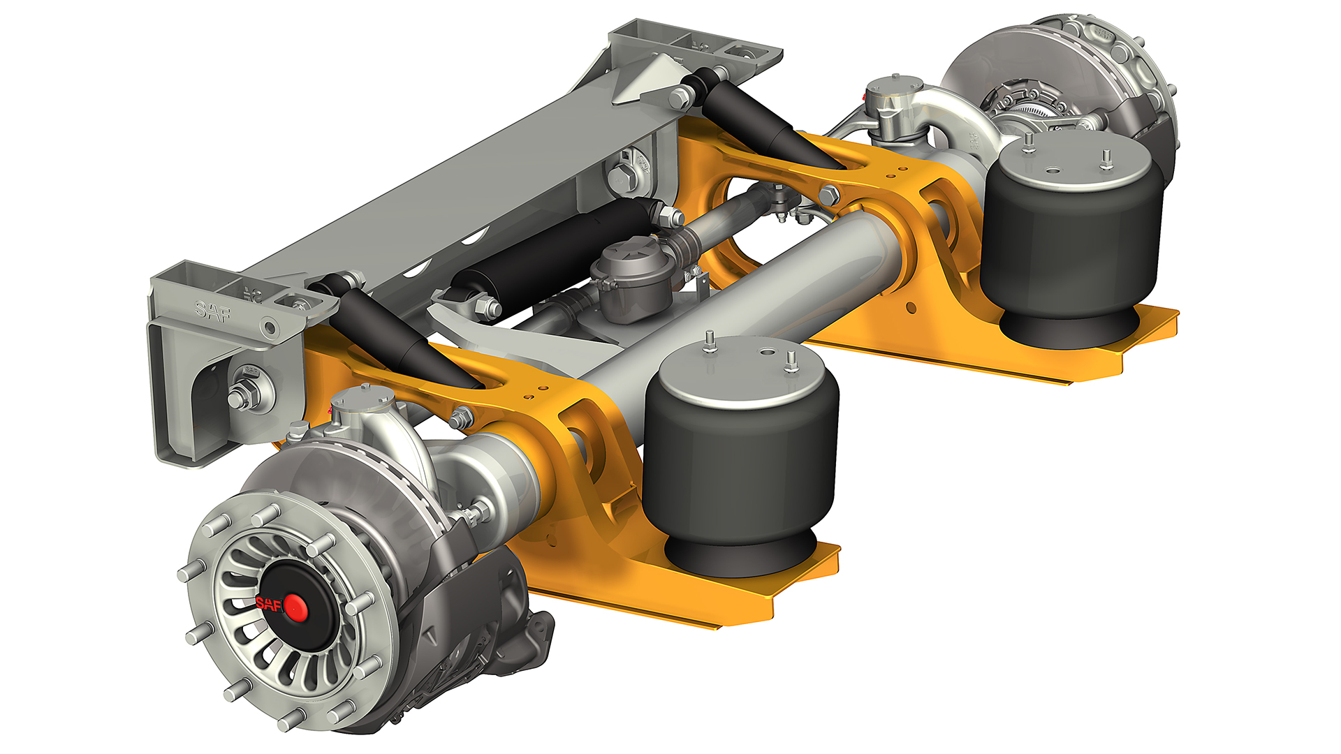 SAF-HOLLAND steering trailer axle and suspension system with air springs and brake components displayed.