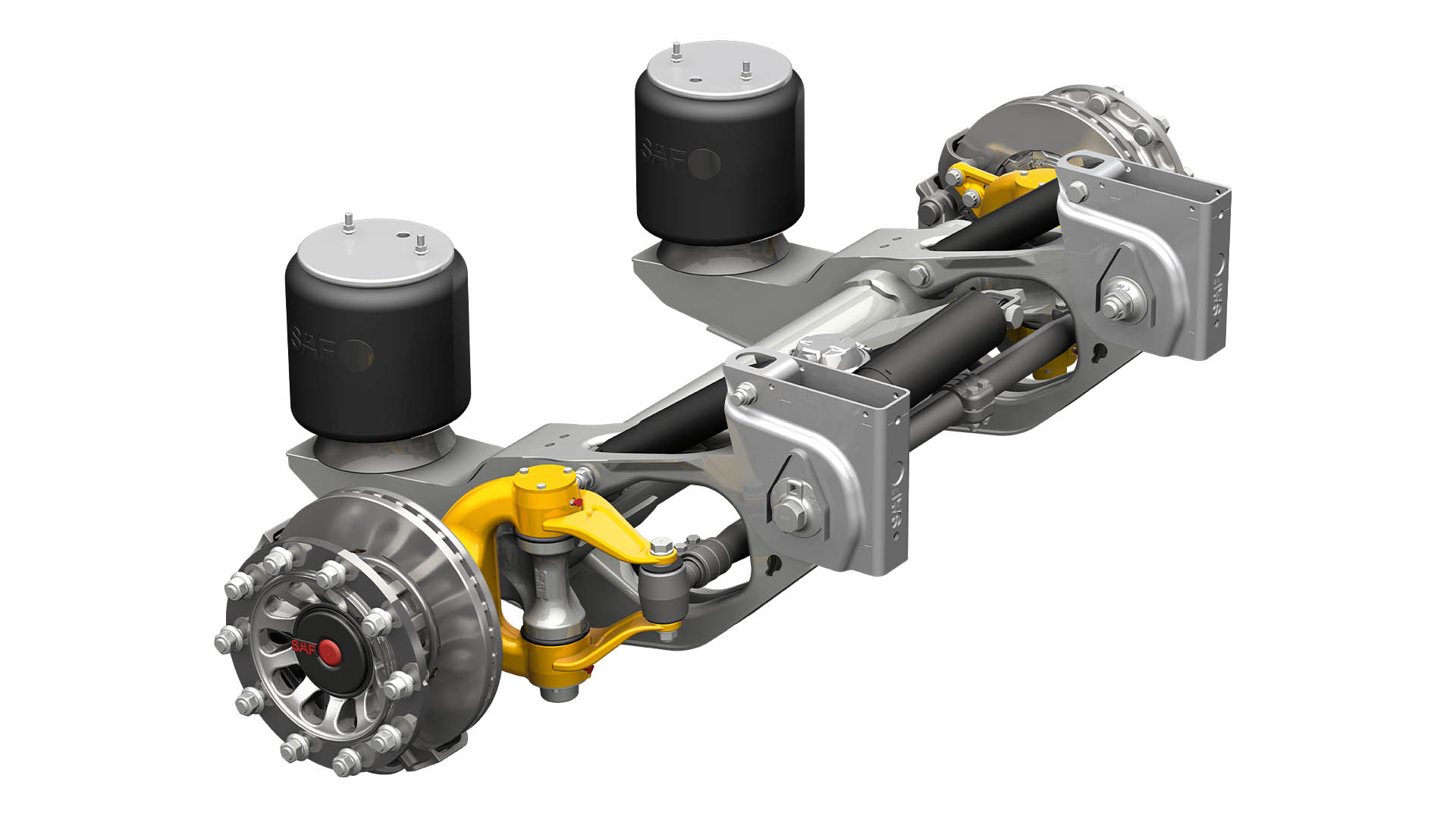 SAF-HOLLAND steering trailer axle and suspension system with air springs and brake components displayed.