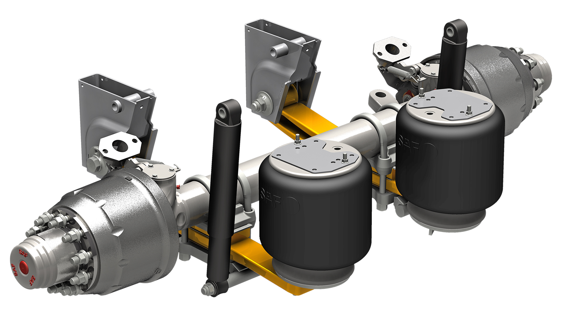 SAF-HOLLAND truck suspension system with axle, air springs, drumbrakes and shock absorbers.