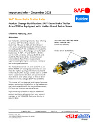 Product Change Notification: SAF® Drum Brake Trailer Axles Will be Equipped with Haldex Brand Brake Shoes
