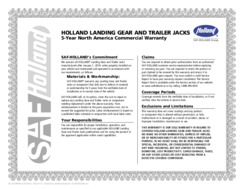 HOLLAND Landing Gear & Trailer Jacks 5-Year North America Commercial Warranty Certificate
