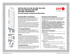 SAF RL-230, RL-250, RL-300, RLU-228, RLU-250 & RLU-250-FMT Air Ride Suspension Commercial Warranty Certificate for US & Canada