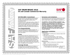 SAF Drum Brake Axle Commercial Warranty Certificate for US & Canada